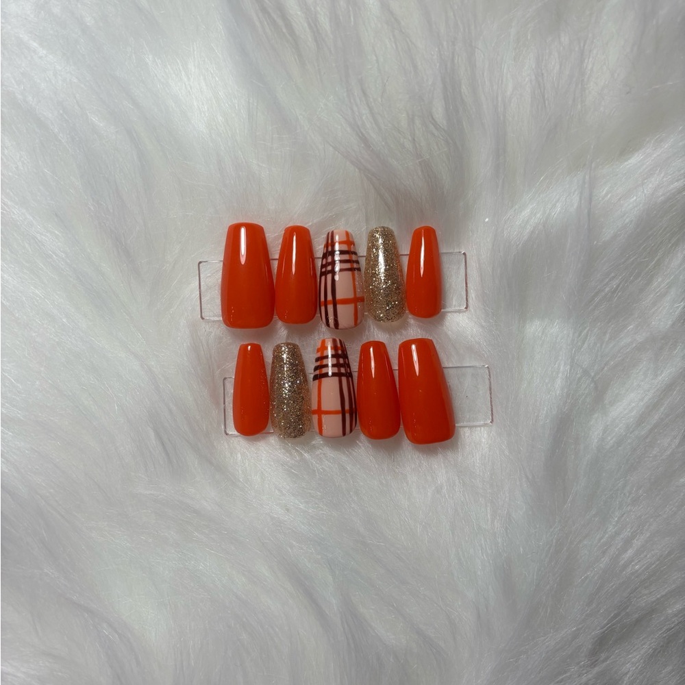 Vibrant Orange and Gold Press-On Nails
